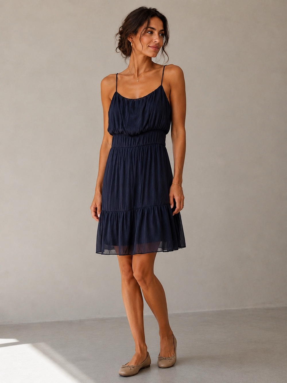 NWT NSR SILKY CHIFFON Tiered MIDI DRESS IN BLACK Sz M